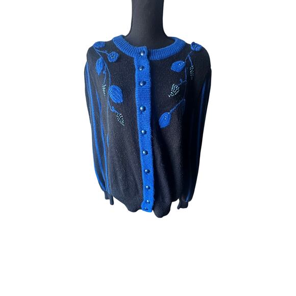 Vintage Navy Blue & Aqua Floral Cardigan Sweater – Size M - Picture 1 of 8